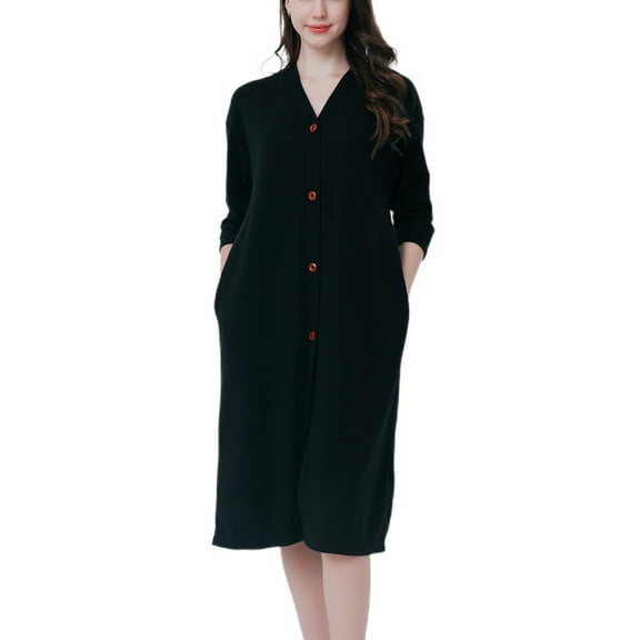 Defitshape Women's Button Down Robe House Dress House Coat Housecoat Sleeping 3/4 Sleeve Mid-Length Nightgowns Black X-Large