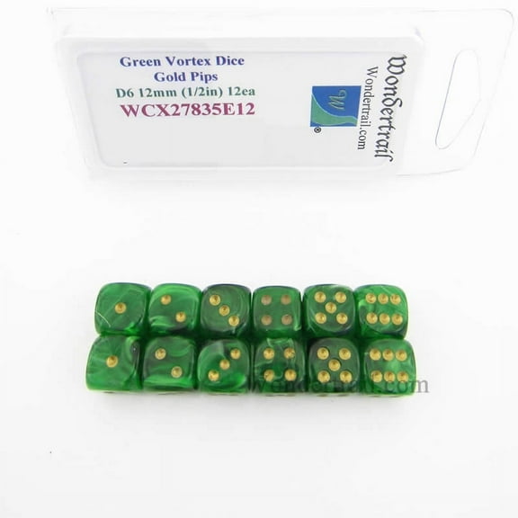 Green Vortex Dice with Gold Pips 12mm (1/2in) D6 Pack of 12 Wondertrail