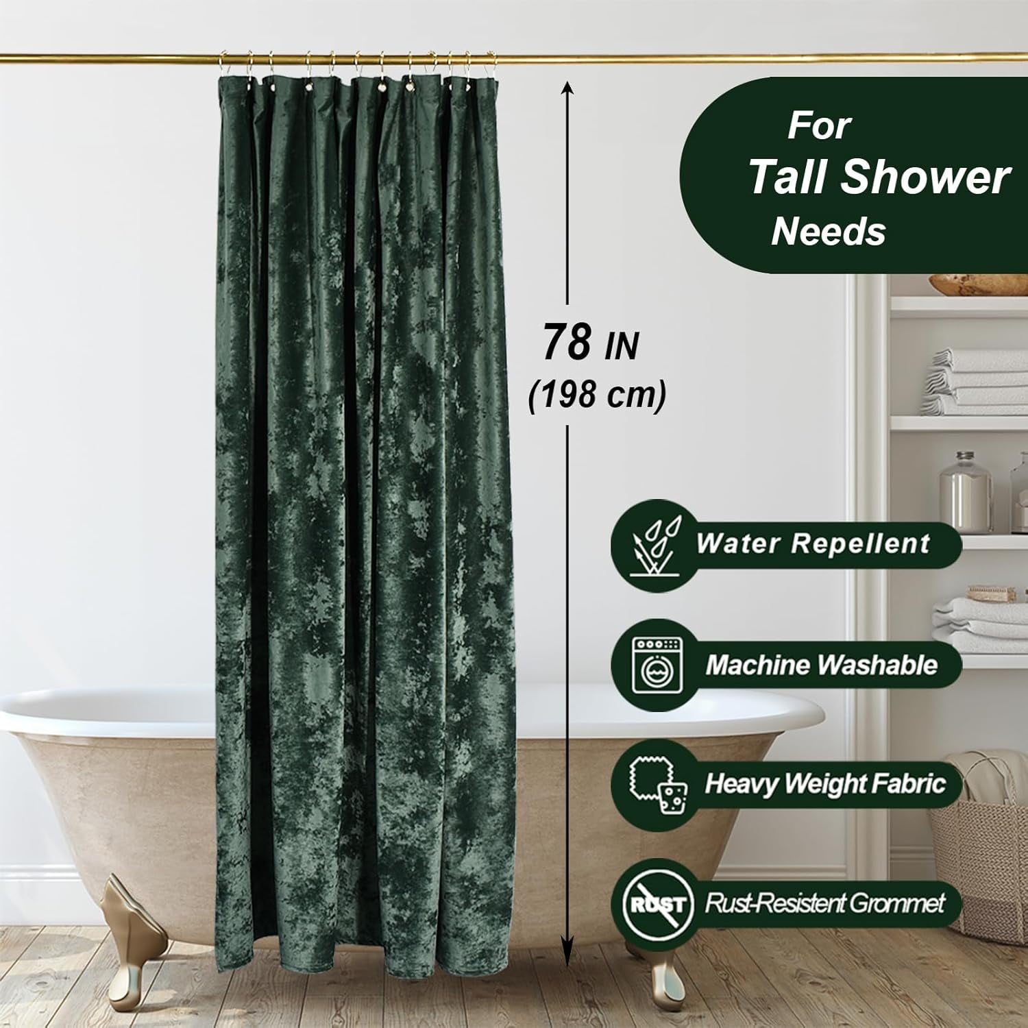 78 inch Shower Curtain, Crushed Velvet Long Shower Curtain Set with 12 Gold Hooks, Waterproof Thick Fabric, Machine Washable, 72W x 78H, Dark Green