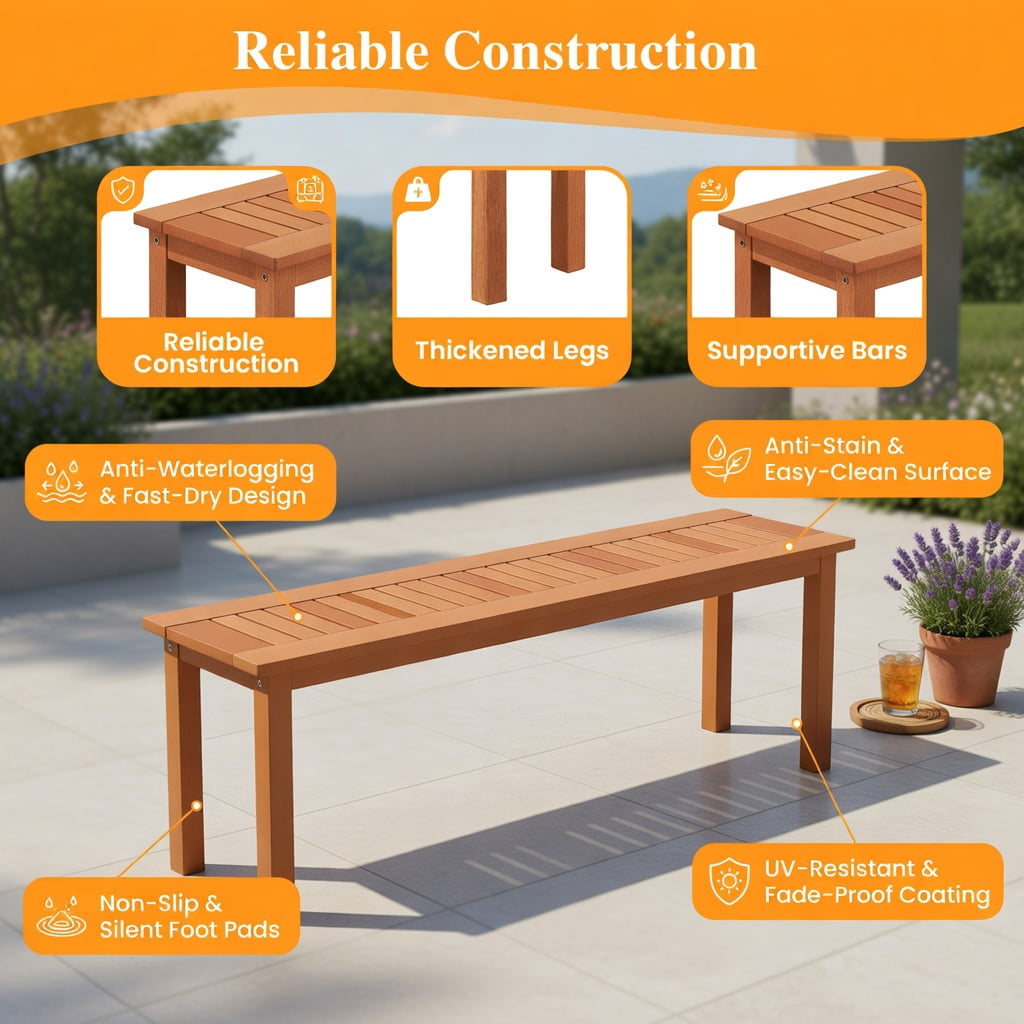 Hommoo 59" Outdoor Wooden Patio Bench, Backless Teak Oil Finished Solid Wood Bench for Porch, Deck, Balcony & Indoor Use, Natural