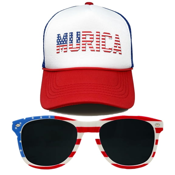 Funky Junque Foam Trucker Hat & Sunglasses Bundle - Merica Hat & USA Sunglasses