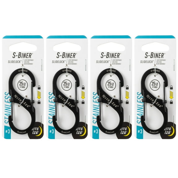 Nite Ize S-Biner Slidelock Stainless Steel - Double-Gated Design - Carabiner Clip with Locking Gates - Dual Carabiner Holder for Keys, Water Bottles & Gear - Size 3, Black, 4 Count (4 Pack)