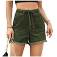 thumbnail image 2 of Bloomae Denim Shorts for Women Casual Drawstring Stretchy Elastic High Waist Comfy Short Jeans Lightweight Frayed Hem Summer Hot Pants with Pockets Army Green M, 2 of 7
