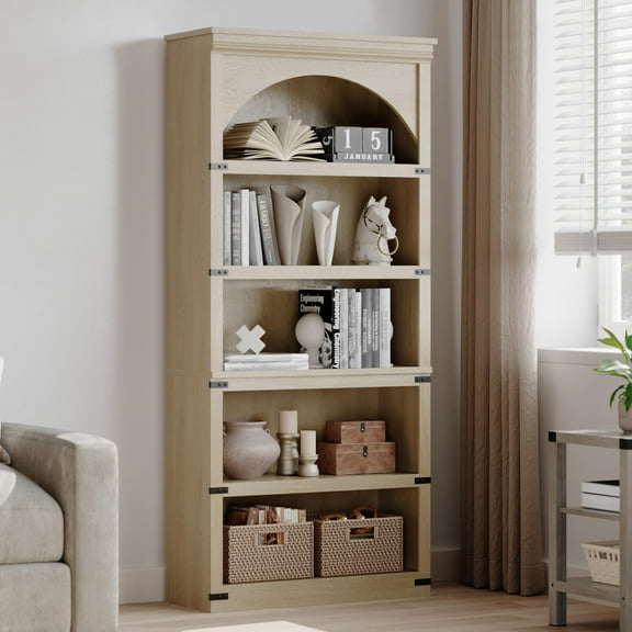 5-Shelf Farmhouse Bookcase, 68.7 Inch Tall Wooden Bookshelf, Curved Storage Shelf for Home Office & Living Room