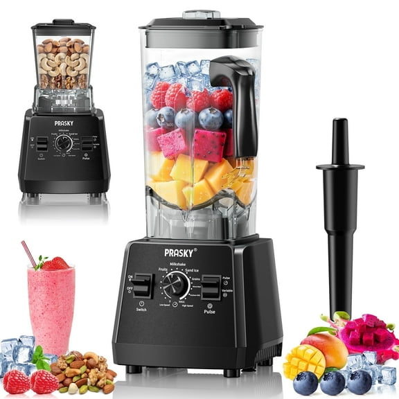 PRASKY 2-in-1 Professional Countertop Blender 96oz Large Capacity 1000W Blender for Smoothies Fruit