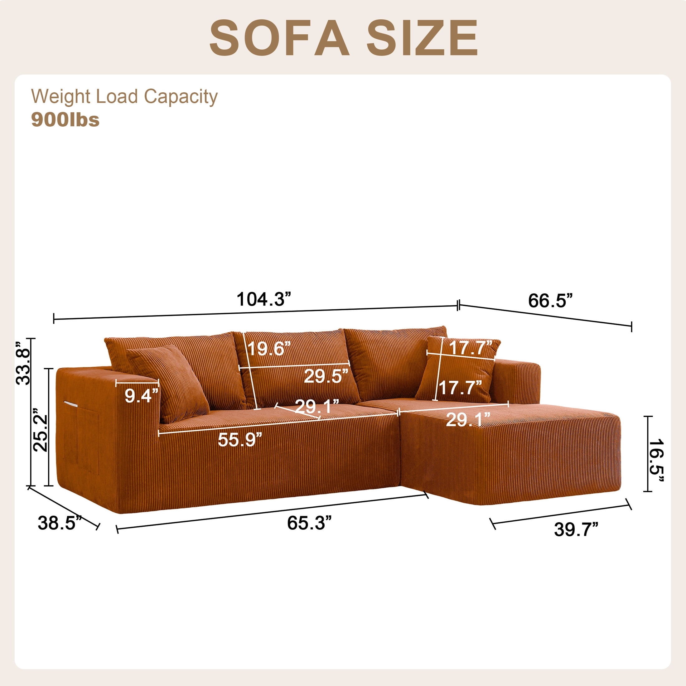 AENKYO 104'' Modular L-Shape Sectional Sofa with Chaise, Comfy Deep-Seat Cloud-Couch, Corduroy - Orange