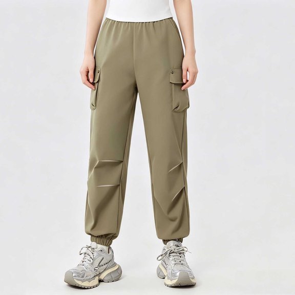 CQONEPT Girls Cargo Pants Straight Leg Joggers Sweatpants Casual Comfy Outdoor Sports Trousers with Multi Pockets Army Green 5-6Years