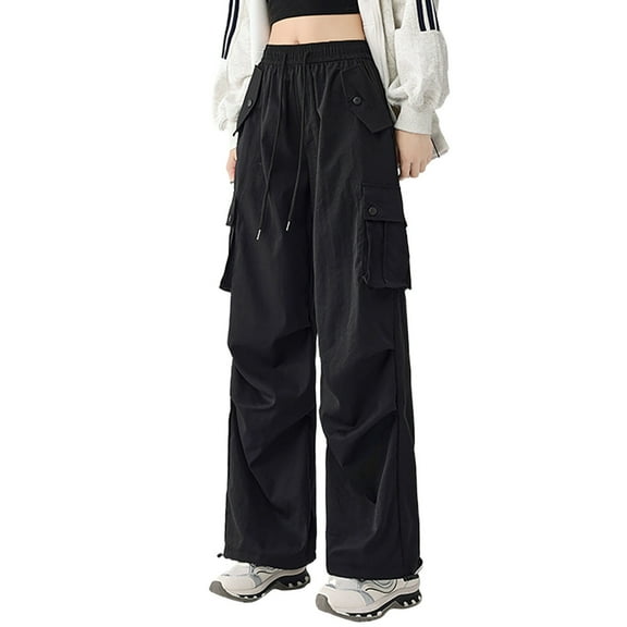 Plus Size Pants Women Summer Cargo Trousers High Waist Quick Dry Casual Wide Leg Lightweight Breathable for Work Black L