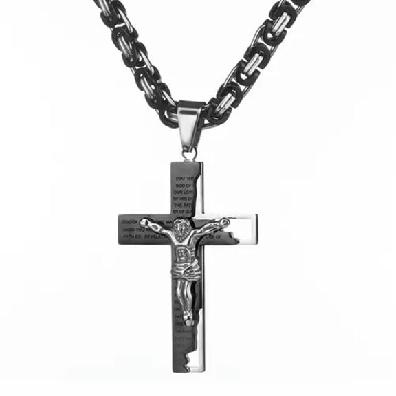 QQTDFG 6mm Flat Byzantine Chain Necklace For Men's Stainless Steel Jesus Cross Pendant-Silver Black-22 inch Necklace