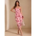 thumbnail image 3 of Pink Floral Ruched Wrap Midi Dress With High Slit And Spaghetti Straps For Wedding Bridesmaid Vacation, 3 of 7