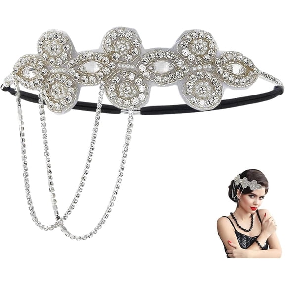 1Pc Silver Flapper Headband 1920s Great Gatsby Headpiece Rhinestone Pearl Flower Tassel Chain Vintage Hair Accessories