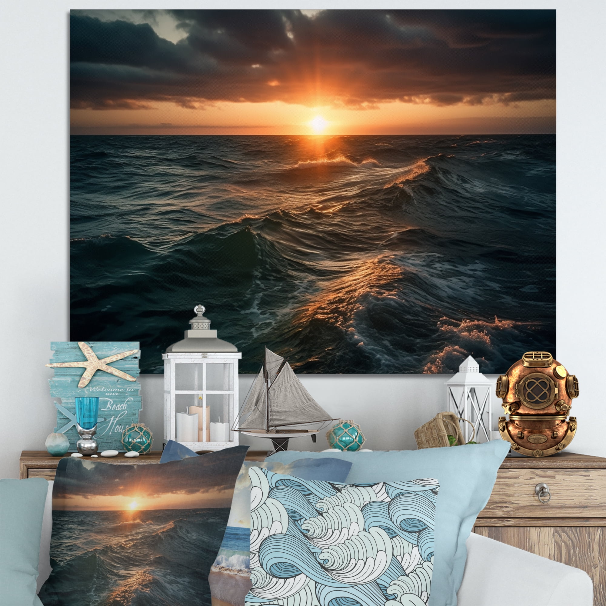 Designart Beach framed wall art, Ocean Sunset Serenity , Modern