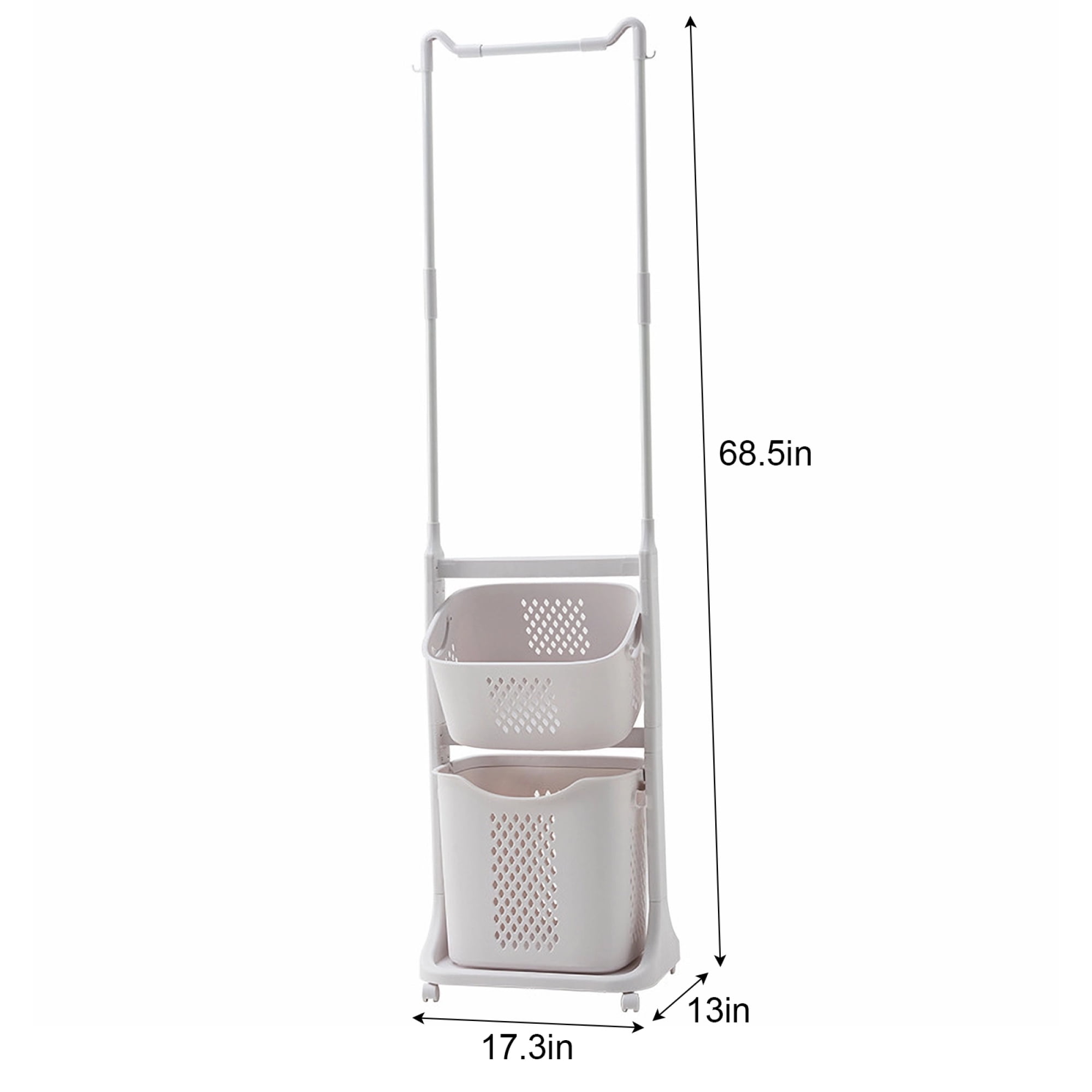 2-Tier Laundry Hamper Basket Sorter with Wheels Removable & Hanging Bar,Stackable Laundry Cart for Small Space,Bathroom,Dorm, Closet,White