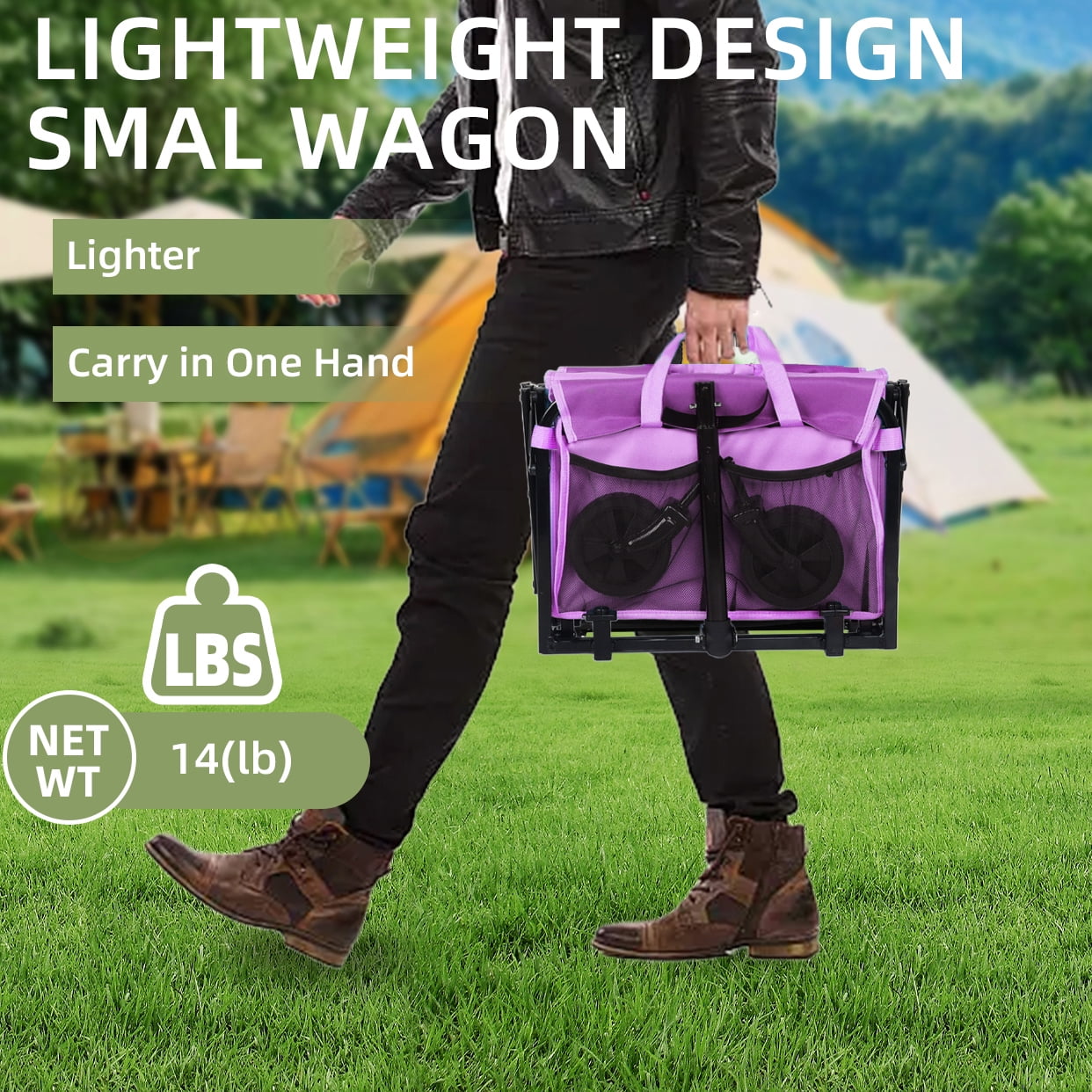 Collapsible Wagon with Wheels, Lightweight Utility Camping Wagons Carts Foldable with 360lbs Weight Capacity, Carts with Cup Holders for Garden, Sports, Grocery, Shopping (Purple)