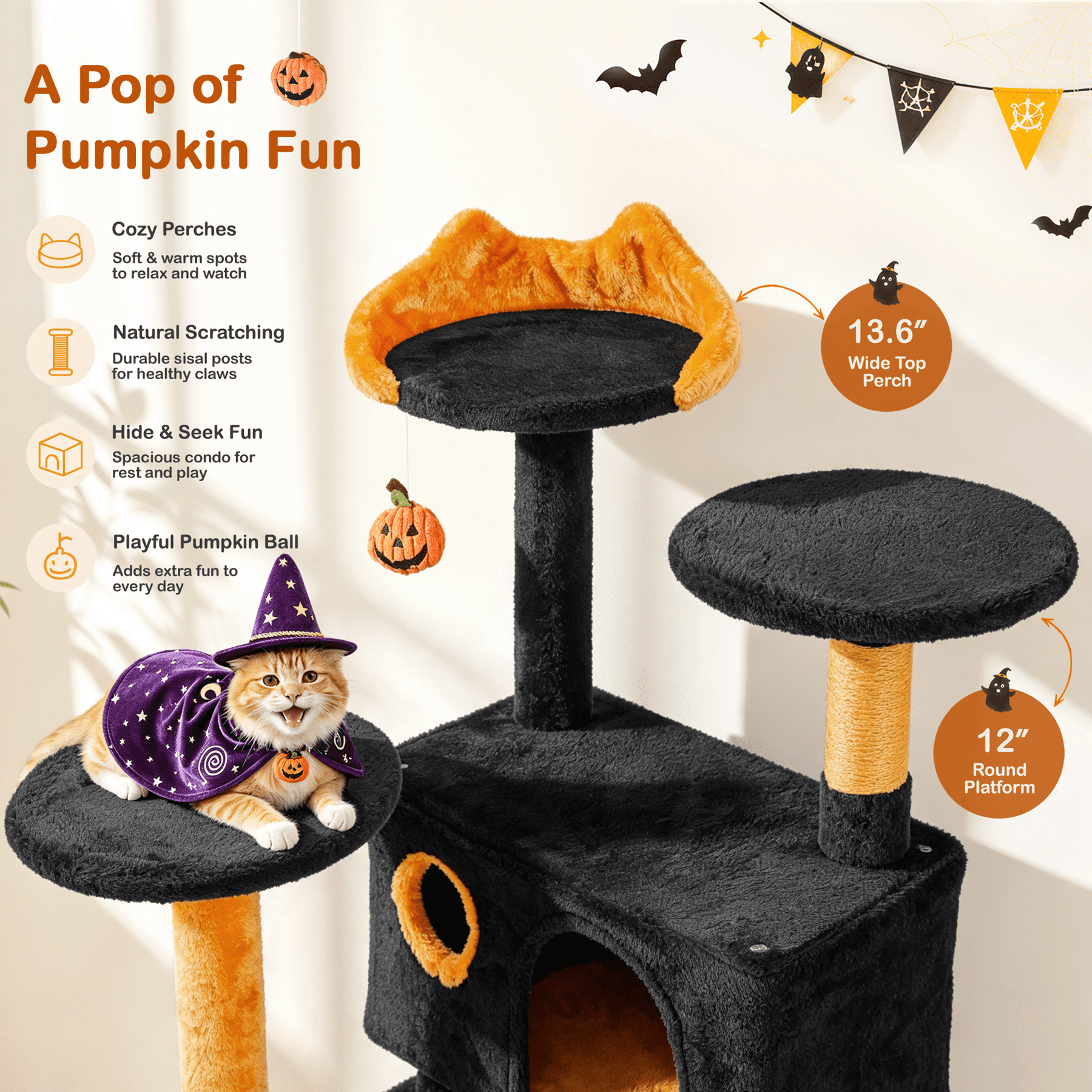 Alden Design 54″ Tall Cat Tree with 3 Scratching Posts, Black/Pumpkin Orange