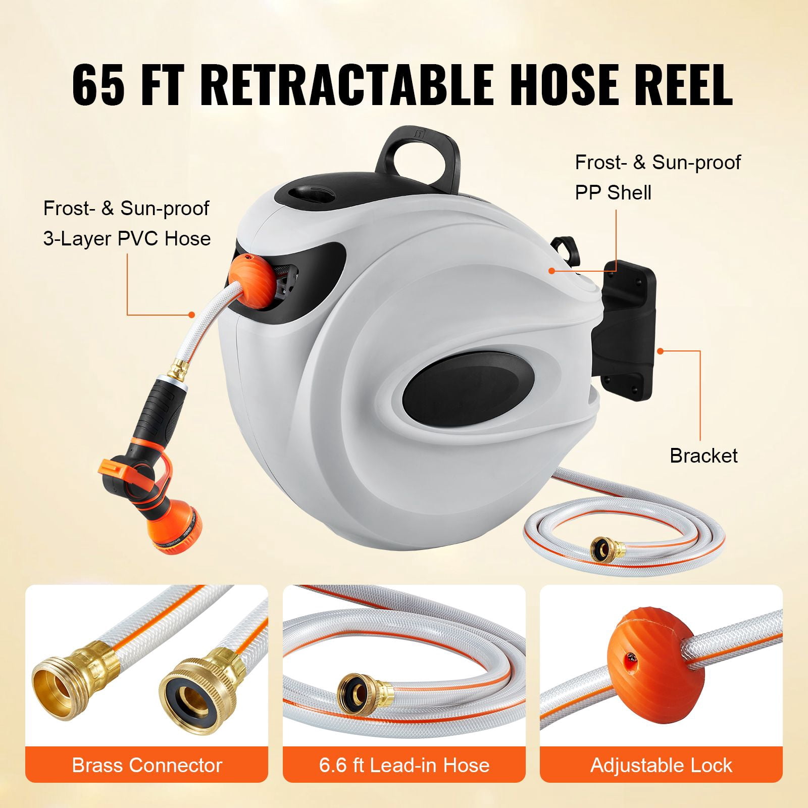 Retractable Hose Reel 65 ft x 5/8", Wall Mounted with 180° Swivel, 9-Pattern Nozzle, Auto Rewind