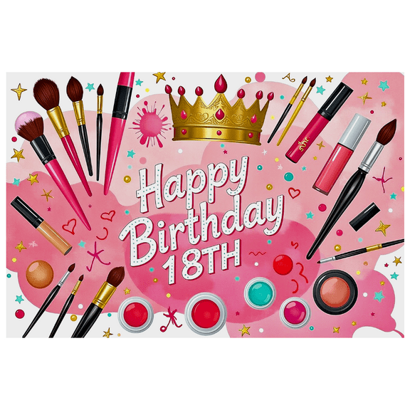 Pink Makeup Themed Happy Birthday 18th Banner Background Backdrop Party Supplies Photography Props Decorations for Birthday Party Girl Photo Booth Decor Celebrations