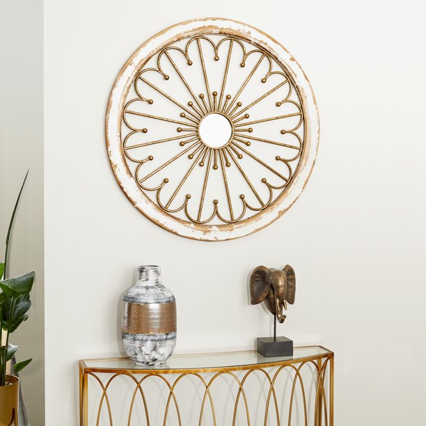 Decmode Large Round White Wood And Gold Metal Mirror Wall Decor 35 X Com Gold Metal Mirror Wall Decor 35, Round White Wood Wall Decor