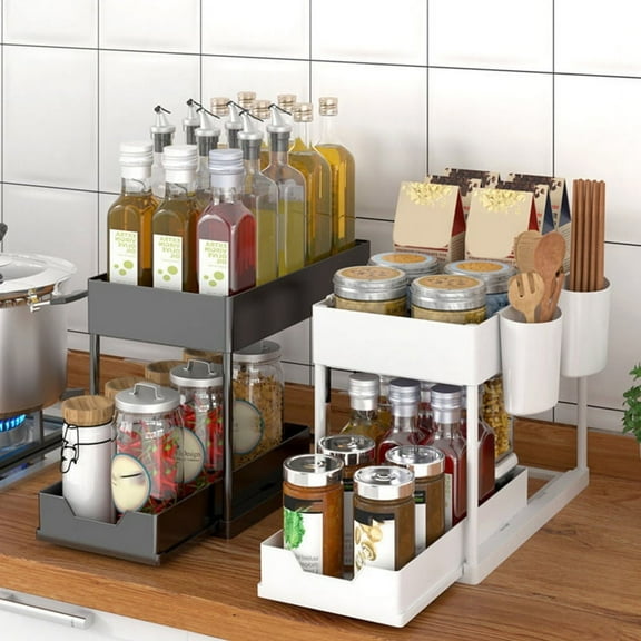 Multifunctional Kitchen Rack Pull-Out Spice Rack Double-Layer Cabinet Storage Rack White