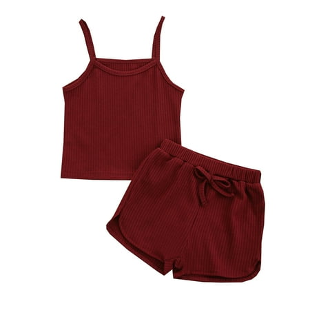 

Baby Girls Clothing Sets Solid Color O-Neck Sleeveless Pullover Ribbed Casual Sports Running Dancewear Tops Shorts Clothes Dailywears Comfortable Loose Fittness Sets