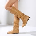thumbnail image 5 of Women's Plus Size Pull On Slouchy Mid Calf Boots Smocked Soft Faux Leather Flat Low Heel Wide Fit for Daily Outings Autumn Street Style Khaki 37, 5 of 6