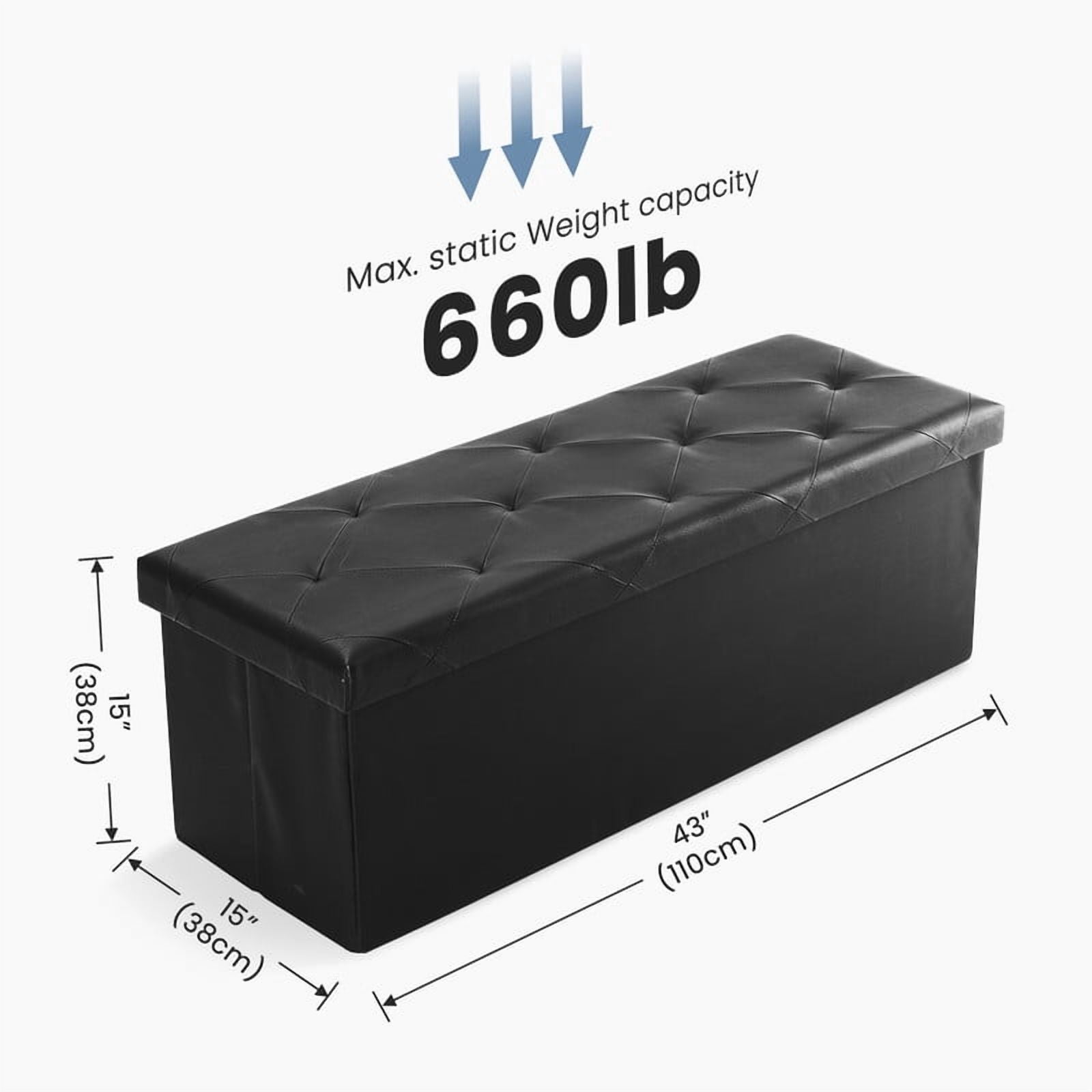 Gianna 43 Inches Folding Ottoman with Storage Bench, Foot Rest Stool, End of Bed Storage Bench Upholstered, Load 660 lbs, for Living Room, Synthetic Leather, Black