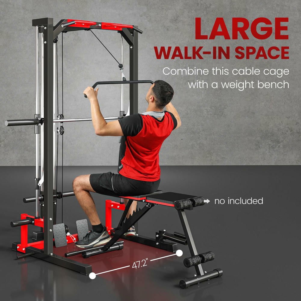 Resenkos Smith Machine Cage with Lat Pulldown and Landmine Attachment - Black/Red