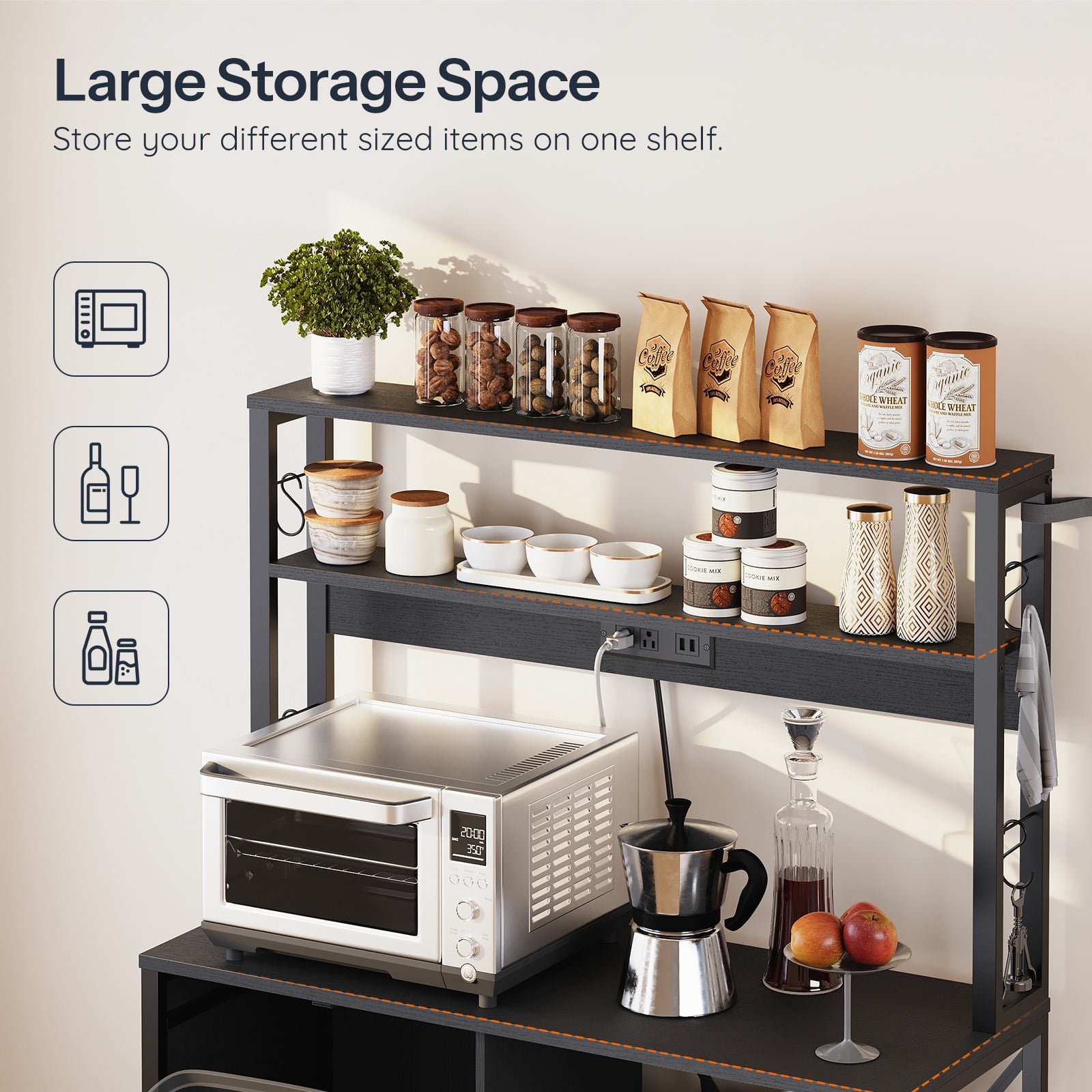 HOOBRO Bakers Rack Microwave Stand with Trash Can Bin Cabinet, 5-Tier Kitchen Storage Shelf Cabinet with Power Outlet, Tall Coffee Bar Table Station for Dining Room, Living Room, Black BB50UHB01