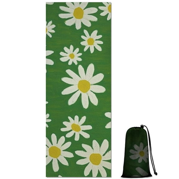 Green Daisy Flower Yellow Centers Pattern Hot Yoga Mat Towel Non Slip for Hot Yoga - Quick-Drying Yoga Mat Cover with 4 Corner Pockets with Travel Bag - Hot Yoga Towel Non Slip 70"x26"