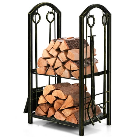 

Topbuy Fireplace Log Rack with 4-Piece Fireplace Tools Wrought Iron Storage Logs Holder with Poker Bronze