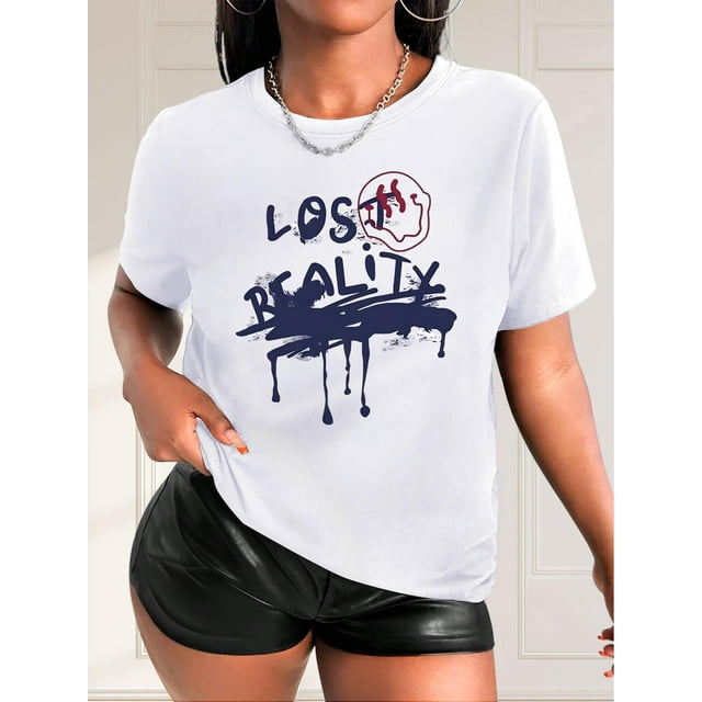 Camiseta de manga corta para mujer, camisetas tipo túnica, trajes de regalo cómodos, ropa deportiva, camisetas de verano, camiseta básicaLetter Print Casual T-Shirt, Crew Neck Short Sleeves Fashion