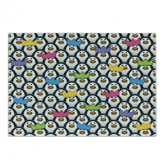 Sea Animals Cutting Board, Penguins Wearing Colored Party Hats Crowns Rows of Staring Penguins South Pole, Decorative Tempered Glass Cutting and Serving Board, Small Size, Multicolor, by Ambesonne