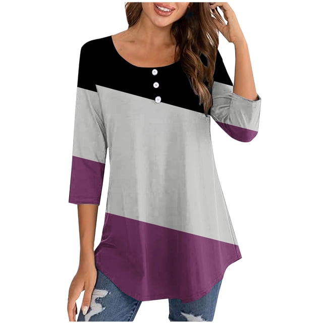 Timegard Hauts pour Femmes Col Rond Bouton Manches 3/4 T-Shirt à Blocs de Couleur Habillé Décontracté Confortable Ample Hauts
