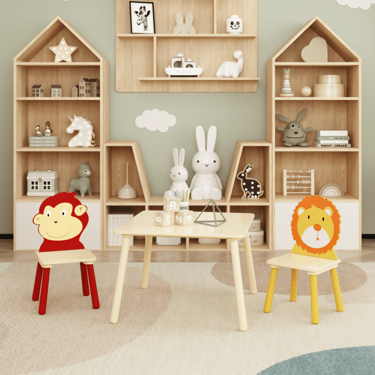3 Piece Wood Table & Chair Set for Age 2-6 Kids, Drawing or Activity Play Wooden Table and 2 Chairs Set,2 Animals pattern (Lion & Monkey) Chairs for Nursery, Kindergarden