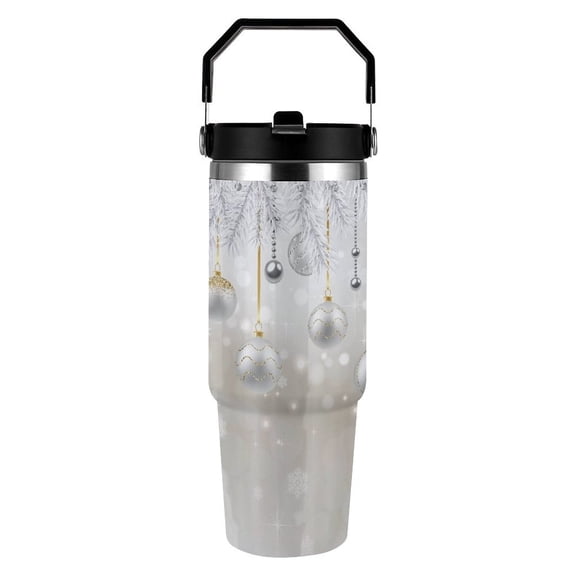 Merry Christmas Xmas Balls and Pine Trees 30 oz Stainless Steel Tumbler with Handle, Insulated Travel Coffee Mugs Cup Gifts for Men Women Kids