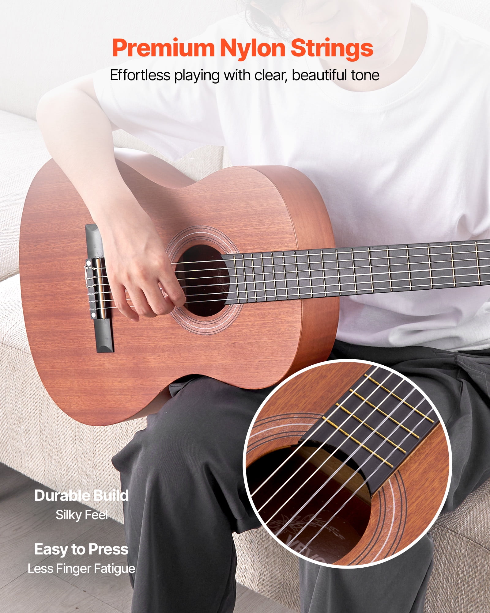 VEVOR Classical Guitar, 36 Inch, Wood Classical Guitar Starter Kit for Beginners, with Nylon Strings, Gig Bag, Strap, Tuner, Extra Strings, Picks, Capo, Sapele & Rosewood, for Kids Girls Boys,Natural