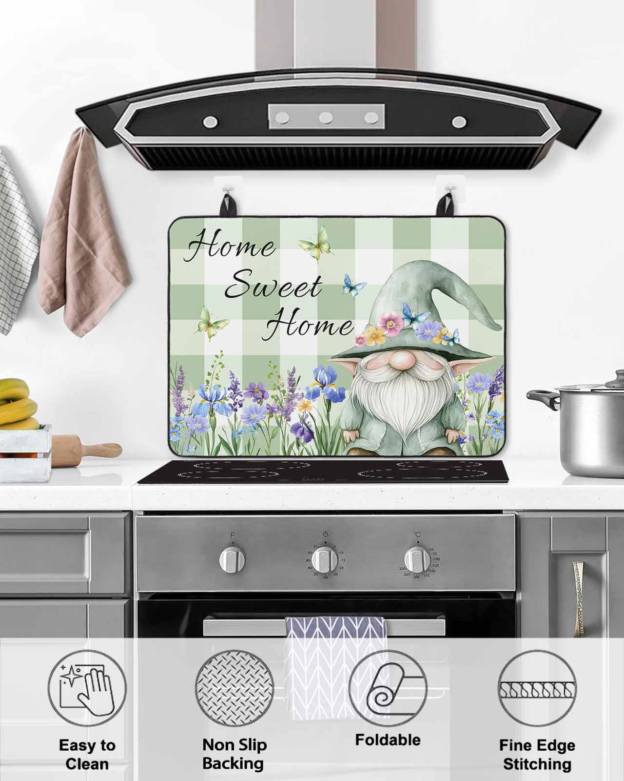 nqOlkjepod Large Induction Cooktop Protector Mat 24"x21", Green Gnomes Stove Top Covers for Electric Stove, Spring Botanical Flowers Buffalo Plaid Stove Burner Cover Mats, Glass Top Stove Cover