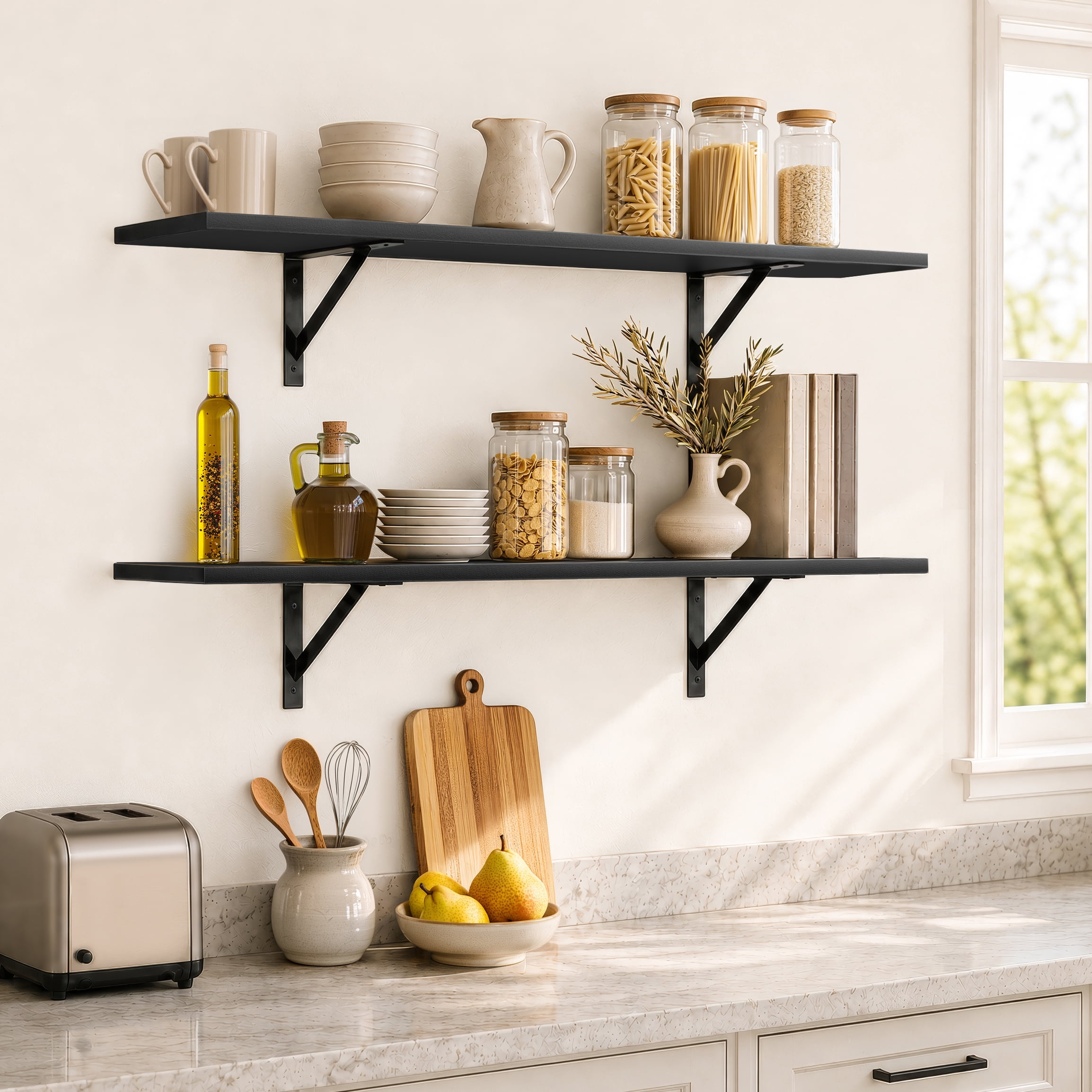 Sorbus 47.3 in Wood Wall Shelves with Black Metal Brackets, Black, 2-Piece Set