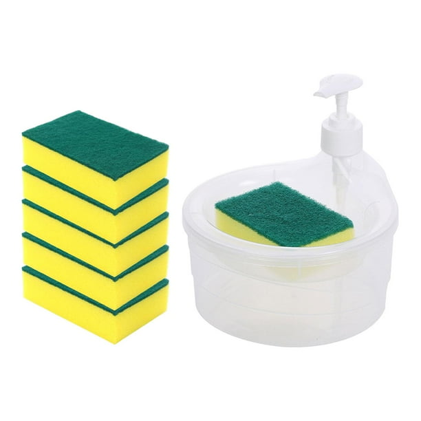 Dispensador de jabón para platos y soporte para esponjas (6 esponjas incluidas) Jabón líquido moderno Claro