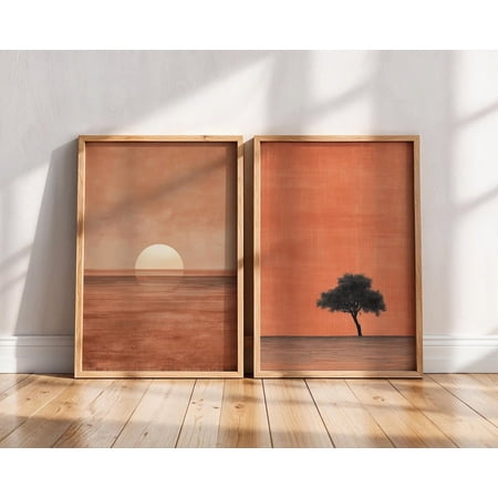 Terracotta Sunset Tree Wall Art Print Set Of 2 With Japandi Landscape Decor