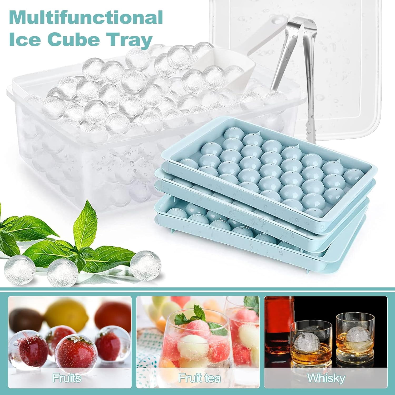 Ice Cube Tray with Lid and Bin 99 Circle Ice Cube Molds with Scoop Round Ice Trays for Freezer and Easy Release Ice Box Container for Whiskey Beer (3 Blue Tray, 1 Scoop & Tong)