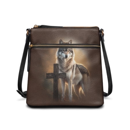 LedBack Cross Wolf Print Leather Satchel Bags for Women Medium Shoulder Bag Purse with Adjustable Strap Christian Crossbody Hobo Bag with Multi Pocket for Travel Work Brown