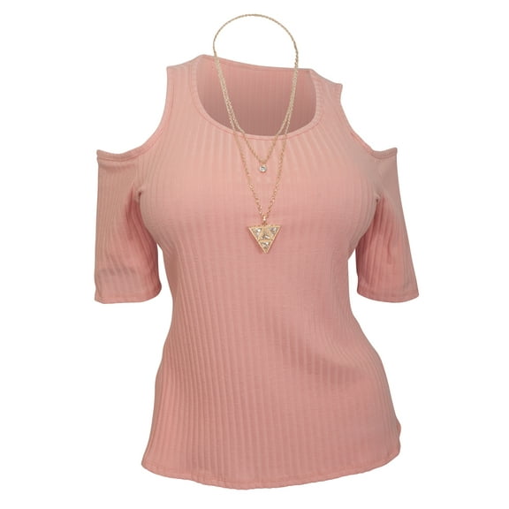 eVogues Plus Size Ribbed Off Shoulder Round Neck Top Pink