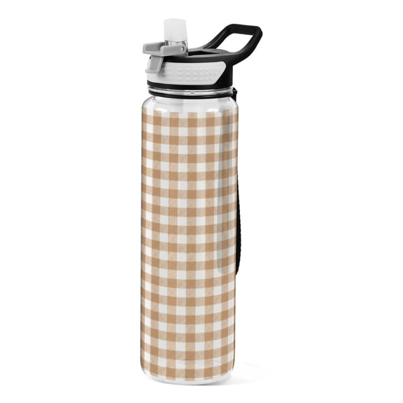 Qxltty Brown Checkered Water Bottle 32 oz with Straw BPA Free Reusable Fitness Sport Bottle Perfect for Travel School Outdoors and Gym