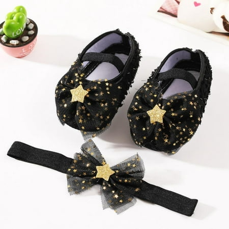 

Baby Girls Mary Jane Shoes with Bowknot Headband Toddler Soft Sole Princess Shoes Yarn Bowknot Crib Shoes First Walker Infant Cute Girls Wedding Dress Shoes Flower Girl Flats Twinkle Star Black 0-18M
