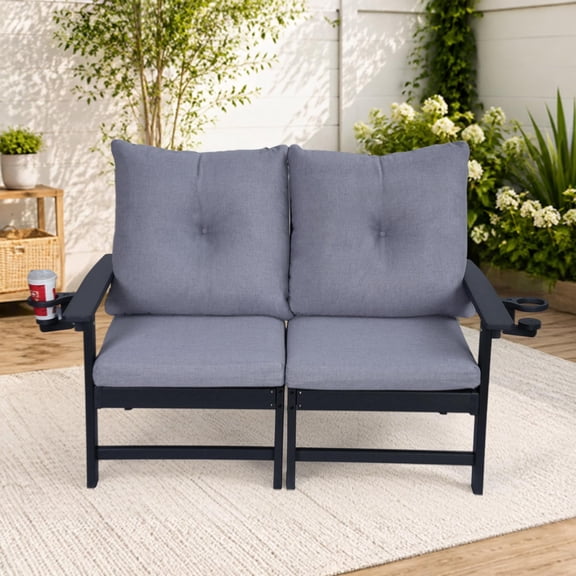 JMYMRY Outdoor HDPE Loveseat Sofa with Cup Holders, Deep Seating Patio Couch with Thick Gray Cushions, Weather Resistant Outdoor Sofa for Garden, Deck, Front Porch, Grey
