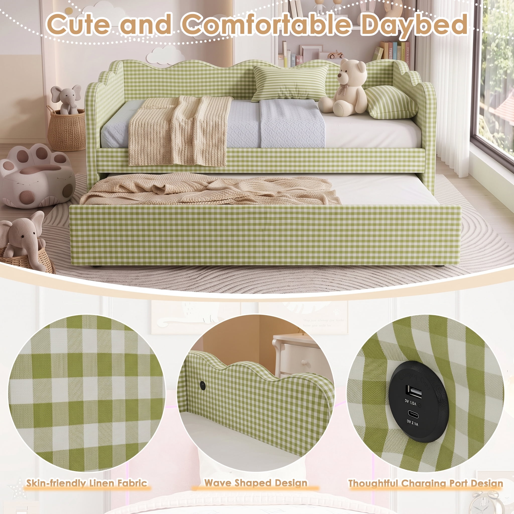 avobird Cozy Gingham Daybed with Trundle Twin Size Sofa Bed for Living Room, Sleeper Sofa with USB Port and Adorable Wave Shaped, Linen Fabric, Green