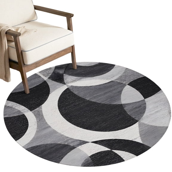 Overlapping Circular Rings Washable Round Area Rug 6 ft, Minimalist Abstract Black Gray Texture Soft Non‑Slip Rugs Stain Repellent Indoor Mats for Medium‑Sized Living Room, Circular Dining Space