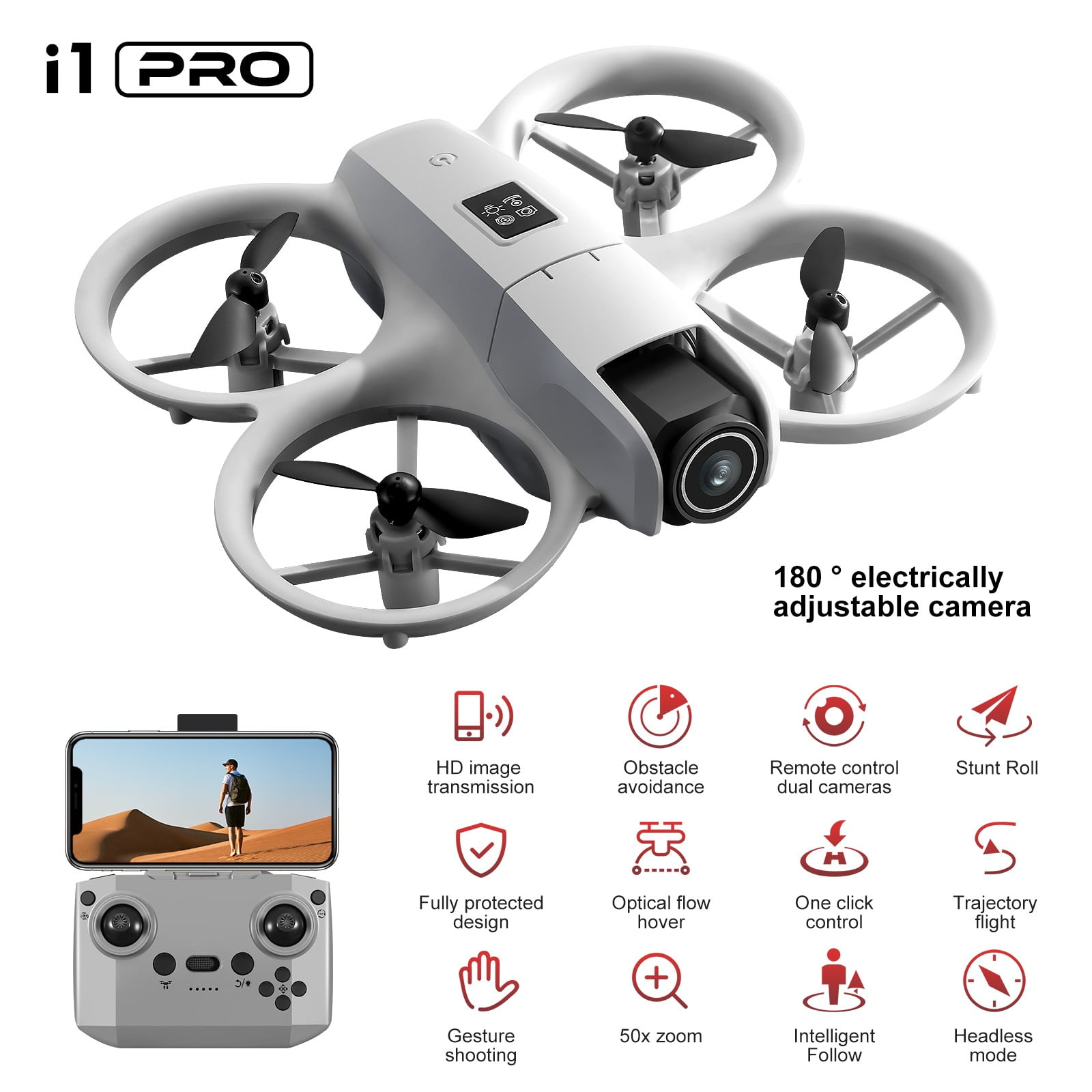 Mini Drone with HD Camera, RC Quadcopter with 360° Flip, Obstacle Avoidance, 180° Adjustable Camera, One Key Take Off/Land, Optical Flow Position, 2 Batteries
