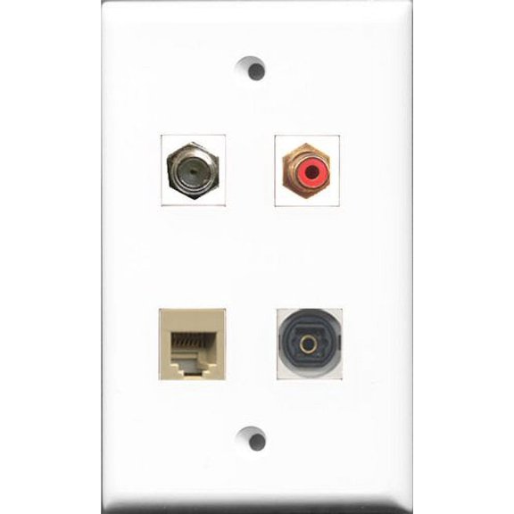 RiteAV 1 Port RCA Red and 1 Port Coax Cable TV- F-Type and 1 Port Phone RJ11 RJ12 Beige and 1 Port Toslink Wall Plate